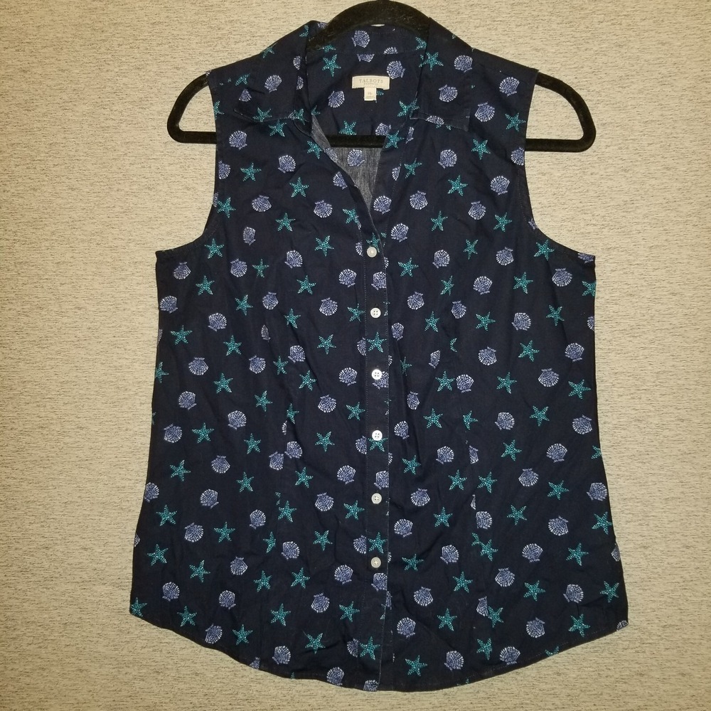 Talbots Button Up Tank Blouse Size Petite Medium Navy Blue Top Nautical Seashell